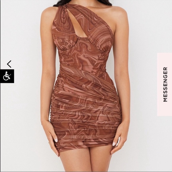House of CB Clementine mini one shoulder swirl brown dress - Picture 2 of 5
